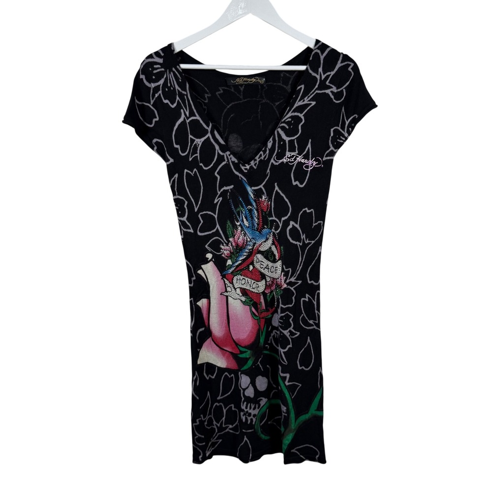 Ed Hardy Christian Audigier Black Tattoo‎ Graphic Rhinestone V-Neck Dress Knit M